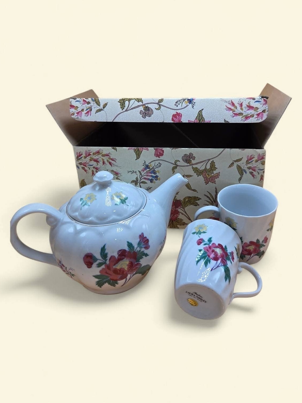 Laura Ashley White Ceramic Floral Teapot and Mug Gift Set